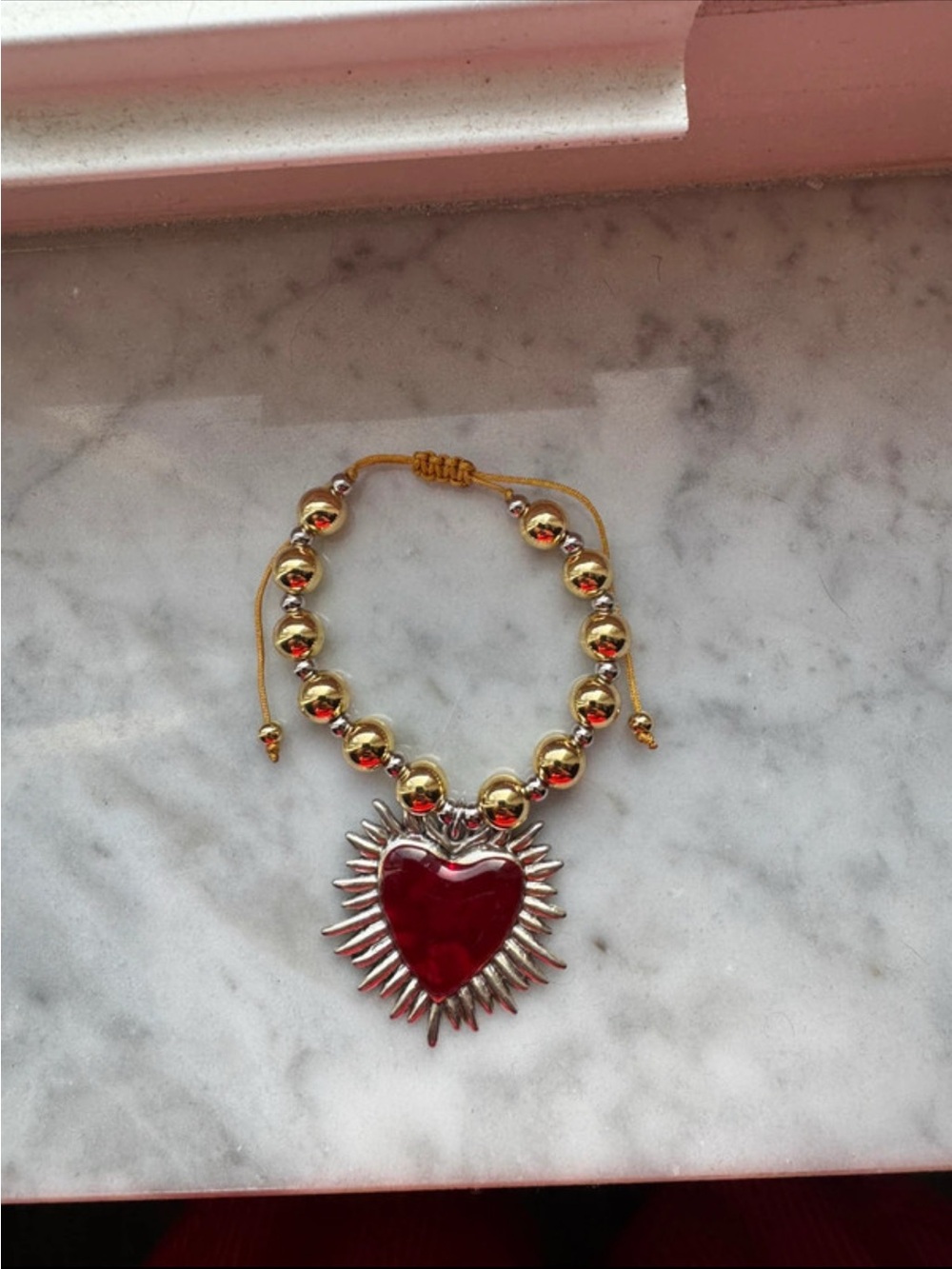 Gold Beaded Bracelet with Red Heart Pendant